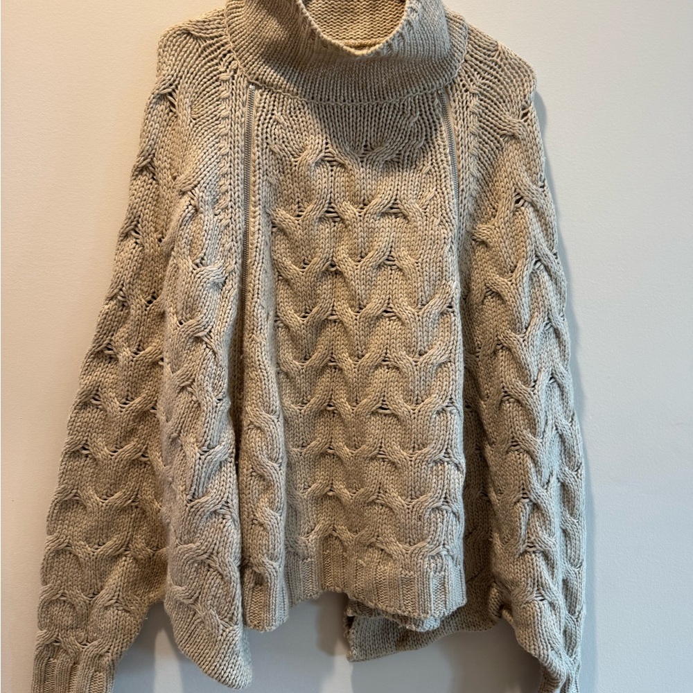 LOVESTITCH Sweater Womens Small/Med Chunky Cable Knit Tan Zipper Sides Mock Neck